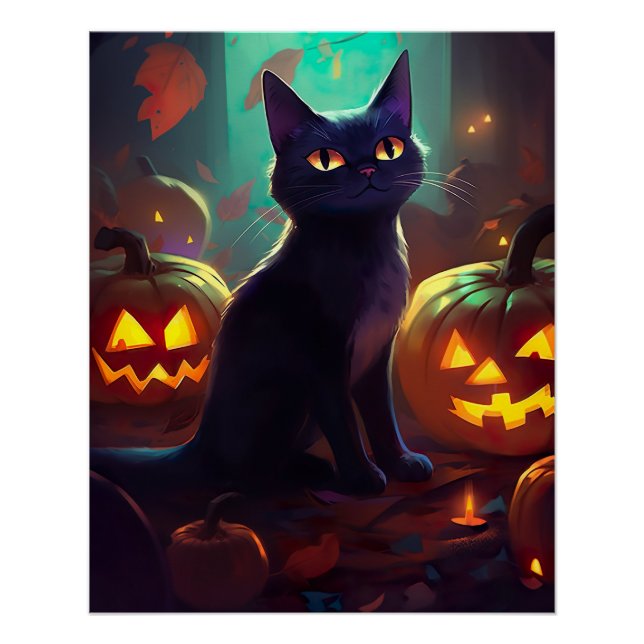 Halloween Tuxedo Cat With Pumpkins Scary Poster (Front)