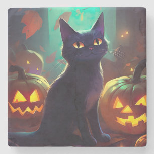Halloween Tuxedo Cat With Pumpkins Scary Stone Coaster