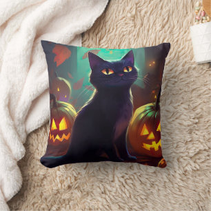 Halloween Tuxedo Cat With Pumpkins Scary Throw Pillow