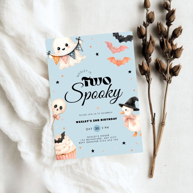 Halloween Two Spooky 2nd Birthday Invitation Blue (Boys blue halloween two spooky birthday invitation)