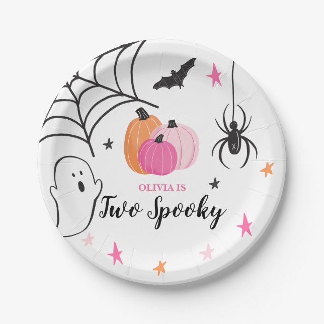 Halloween Two Spooky Birthday pink Pumpkins Paper Plate (Front)