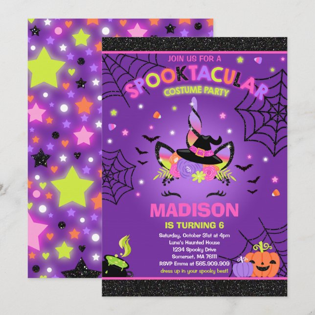 Halloween Unicorn Birthday Invite Halloween Party (Front/Back)