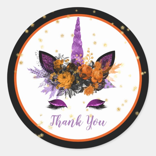 Halloween Unicorn Face Girls Birthday Party Purple Classic Round Sticker (Front)
