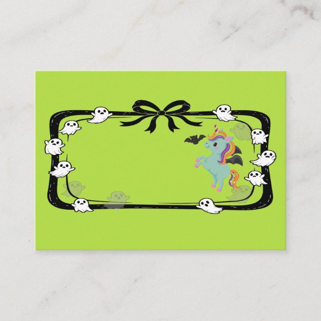Halloween Unicorn Greeting Bat Green Place Card (Front)