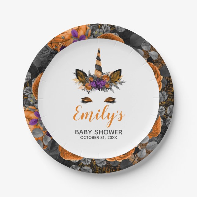 Halloween Unicorn Orange Black Baby Shower Paper Plate (Front)