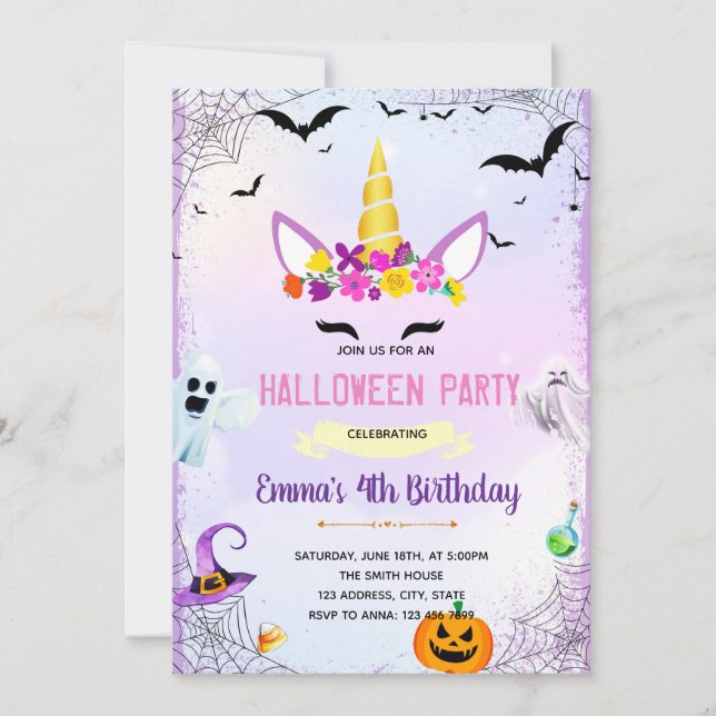 Halloween unicorn party invitation (Front)