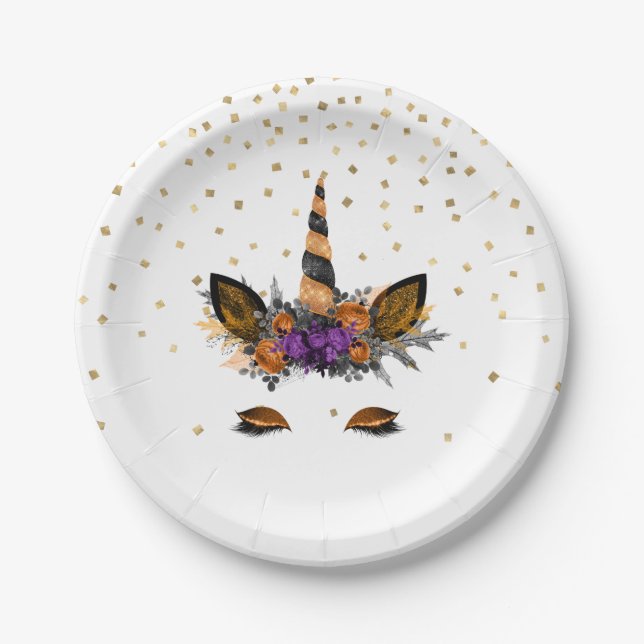 Halloween Unicorn Party Orange Black Confetti Paper Plate (Front)