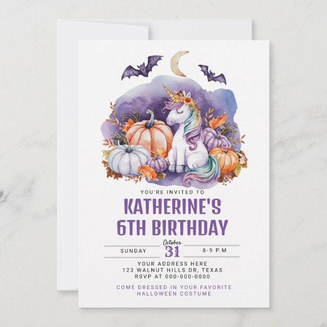 Halloween Unicorn Watercolor Birthday Party Invitation (Front)