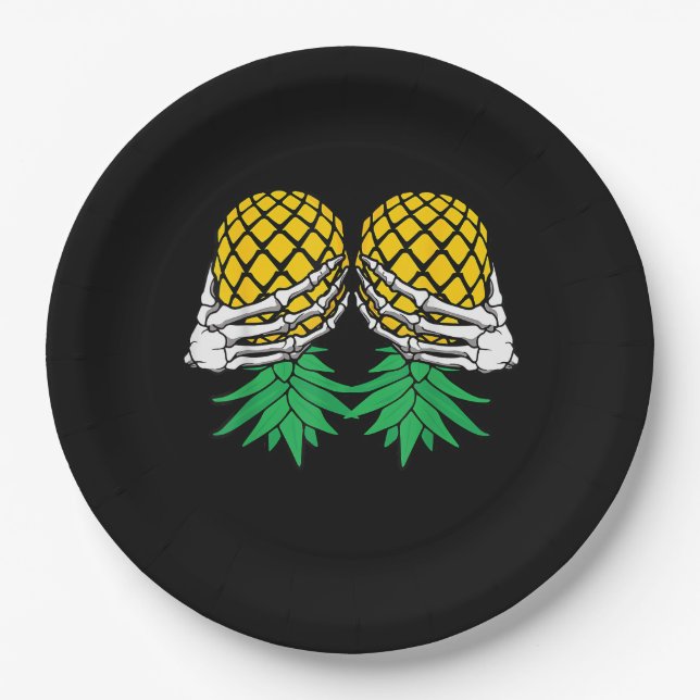 Halloween Upside Down Pineapple Swinger Skeleton H Paper Plate (Front)