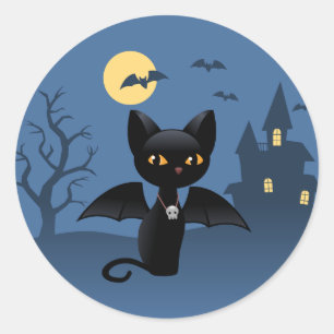 Halloween Vampire Black Cat with Wings Classic Round Sticker
