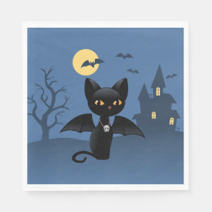 Halloween Vampire Black Cat with Wings Napkin