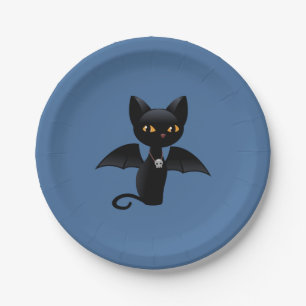 Halloween Vampire Black Cat with Wings Paper Plate