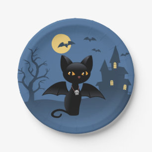 Halloween Vampire Black Cat with Wings Paper Plate