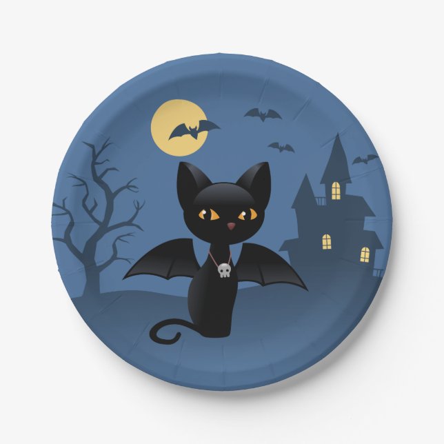 Halloween Vampire Black Cat with Wings Paper Plate (Front)