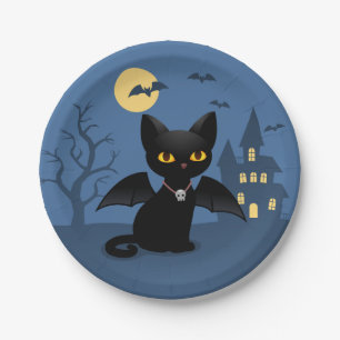 Halloween Vampire Black Cat with Wings Paper Plate