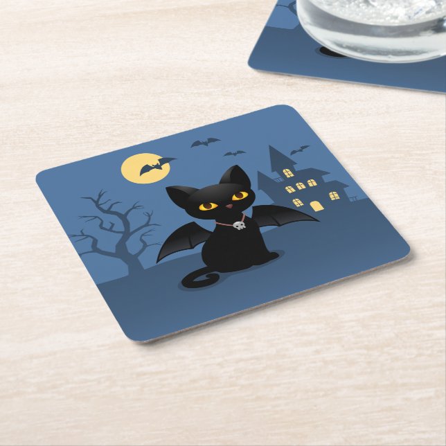 Halloween Vampire Black Cat with Wings Square Paper Coaster (Angled)