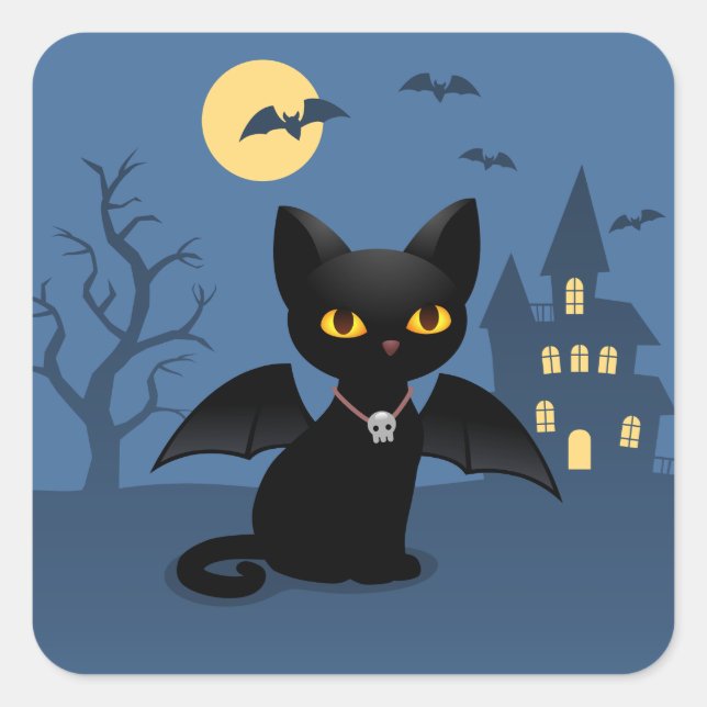 Halloween Vampire Black Cat with Wings Square Sticker (Front)