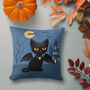 Halloween Vampire Black Cat with Wings Throw Pillow