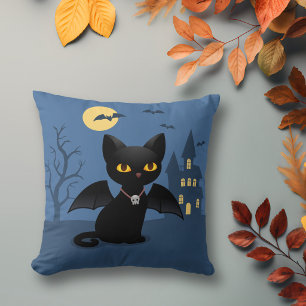 Halloween Vampire Black Cat with Wings Throw Pillow