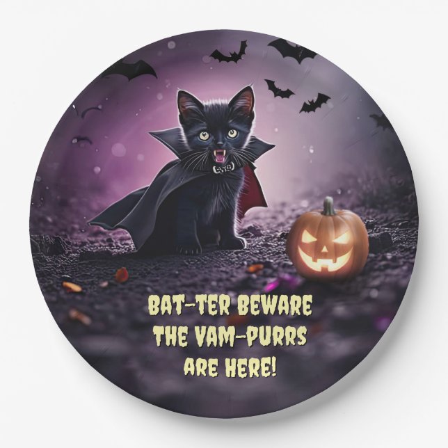 Halloween Vampire Black Kitten Cats Paper Plate (Front)