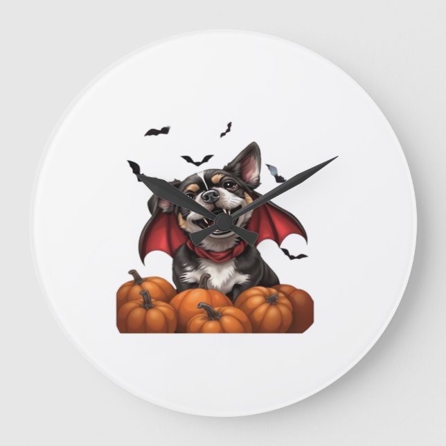 Halloween Vampire Dog with Pumpkins Classic T-Shir Large Clock (Front)