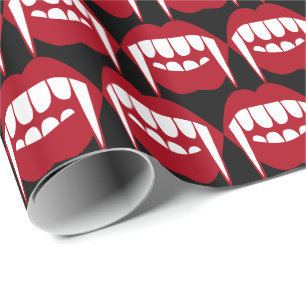 Halloween Vampire Teeth Lips Mouth on Black Wrapping Paper