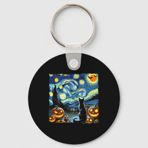 Halloween Van Gogh Starry Night Black Cat  Keychain