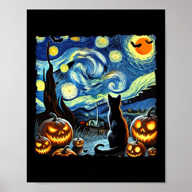 Halloween Van Gogh Starry Night Black Cat  Poster (Front)