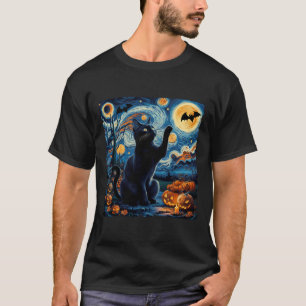 Halloween Van Gogh' Starry Night Black Cat Pumpkin T-Shirt