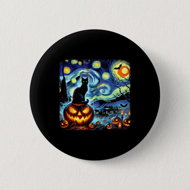 Halloween Van Gogh Starry Night Black Cat Pumpkins 2 Inch Round Button (Front)