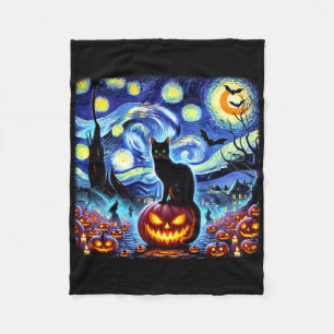 Halloween Van Gogh Starry Night Black Cat Pumpkins Fleece Blanket