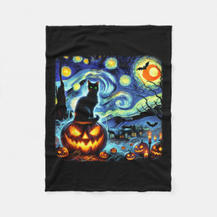 Halloween Van Gogh Starry Night Black Cat Pumpkins Fleece Blanket