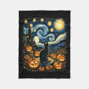 Halloween Van Gogh Starry Night Black Cat Pumpkins Fleece Blanket