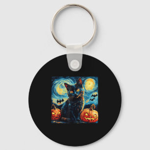 Halloween Van Gogh Starry Night Black Cat Pumpkins Keychain