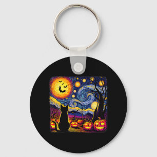 Halloween Van Gogh Starry Night Black Cat Pumpkins Keychain