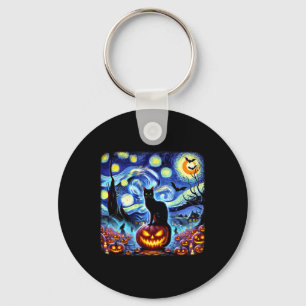 Halloween Van Gogh Starry Night Black Cat Pumpkins Keychain