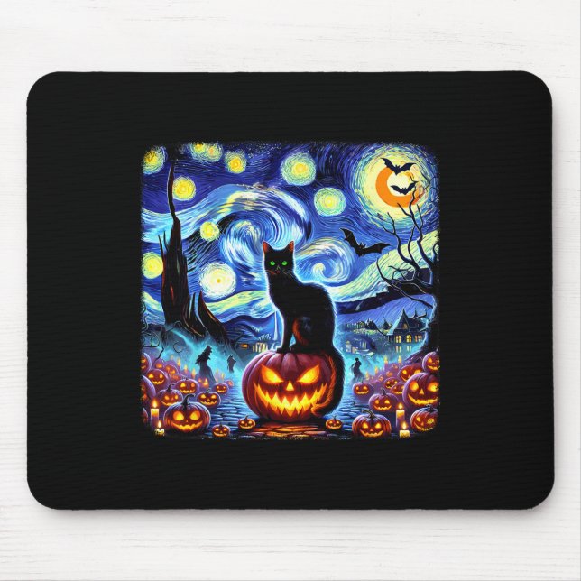 Halloween Van Gogh Starry Night Black Cat Pumpkins Mouse Pad (Front)