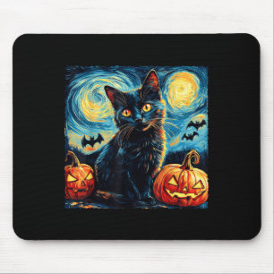 Halloween Van Gogh Starry Night Black Cat Pumpkins Mouse Pad