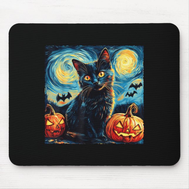 Halloween Van Gogh Starry Night Black Cat Pumpkins Mouse Pad (Front)