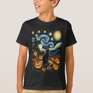 Halloween Van Gogh Starry Night Black Cat Pumpkins T-Shirt