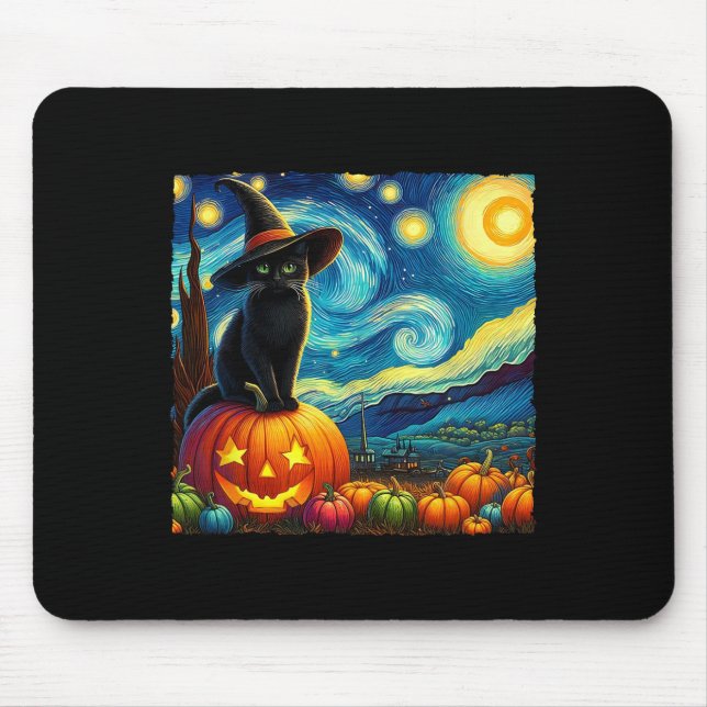 Halloween Van Gogh Starry Night Black Cat Witch Ha Mouse Pad (Front)
