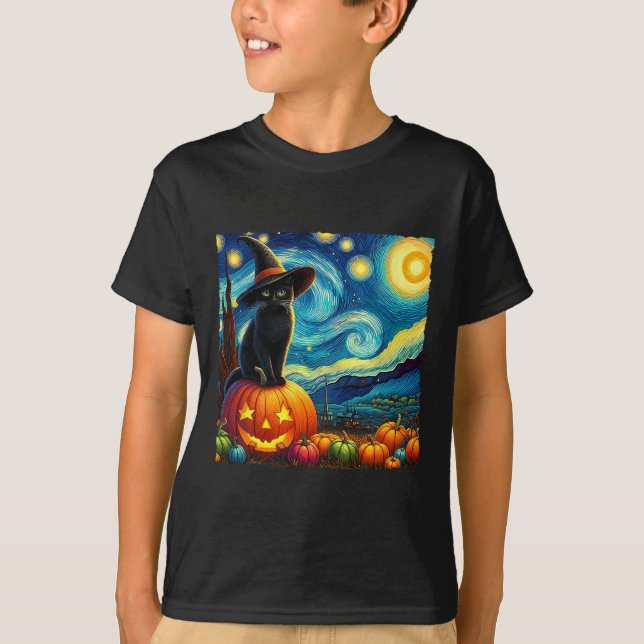 Halloween Van Gogh Starry Night Black Cat Witch Ha T-Shirt (Front)
