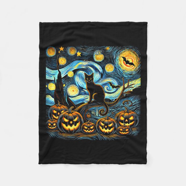 Halloween Van Gogh Starry Night Pumpkin Black Cat  Fleece Blanket (Front)