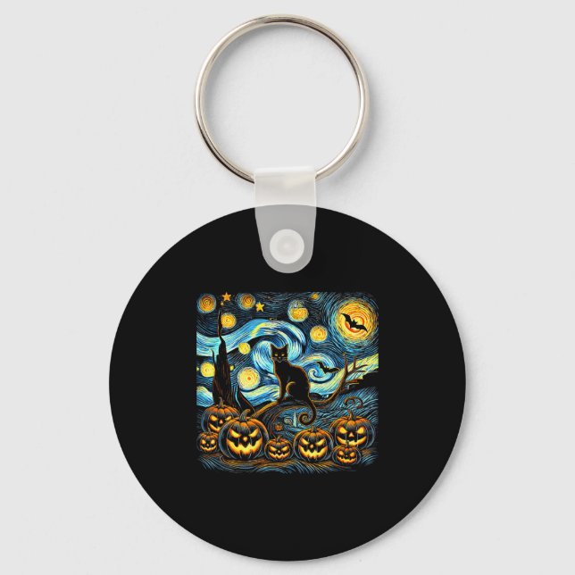 Halloween Van Gogh Starry Night Pumpkin Black Cat  Keychain (Front)