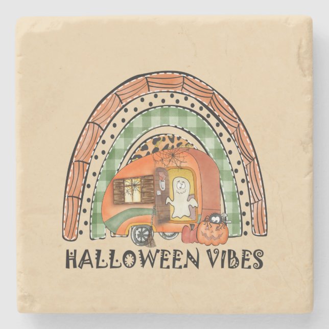 Halloween Vibes – Orange Rainbow Stone Coaster (Front)