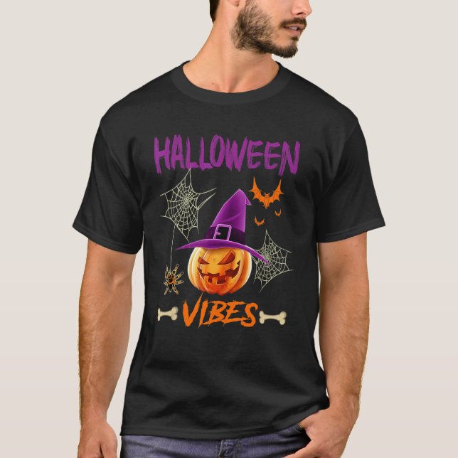 Halloween  Vibes Scary Pumpkin Wearing Witch's Hat T-Shirt (Front)