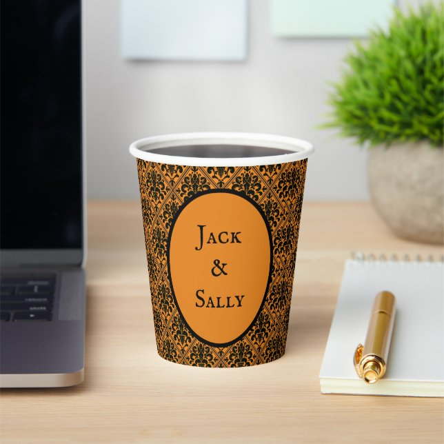 Halloween Victorian Brocade Damask Black on Orange Paper Cups (Insitu)