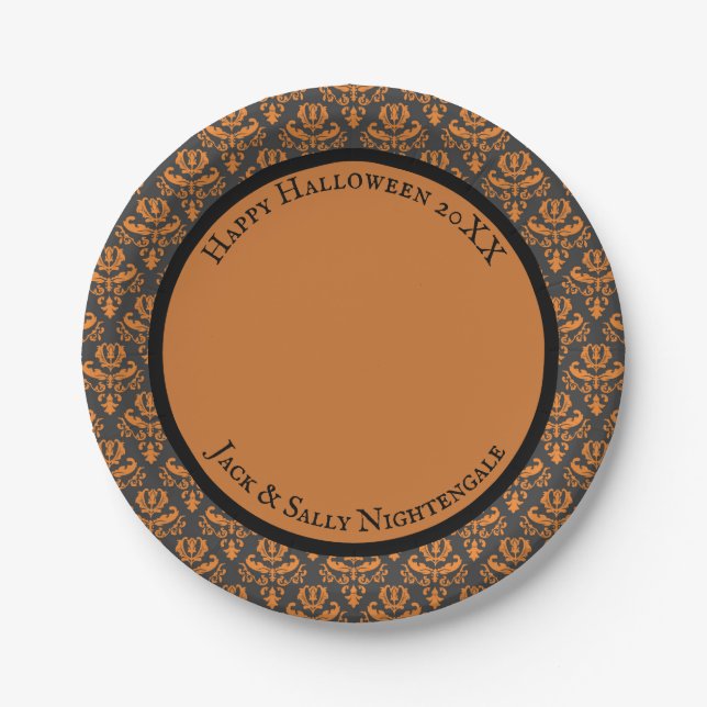 Halloween Victorian Damask Black Orange Paper Plate (Front)
