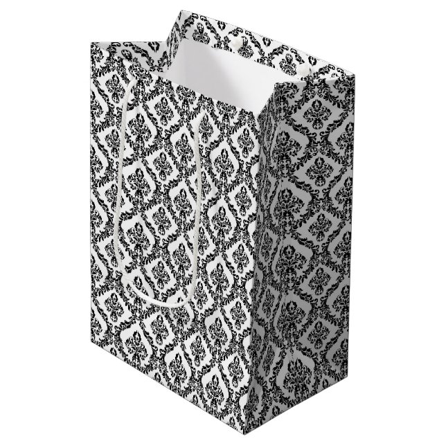 Halloween Victorian Damask Brocade Black on White Medium Gift Bag (Front Angled)
