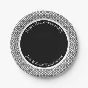 Halloween Victorian Damask Brocade Black on White Paper Plate